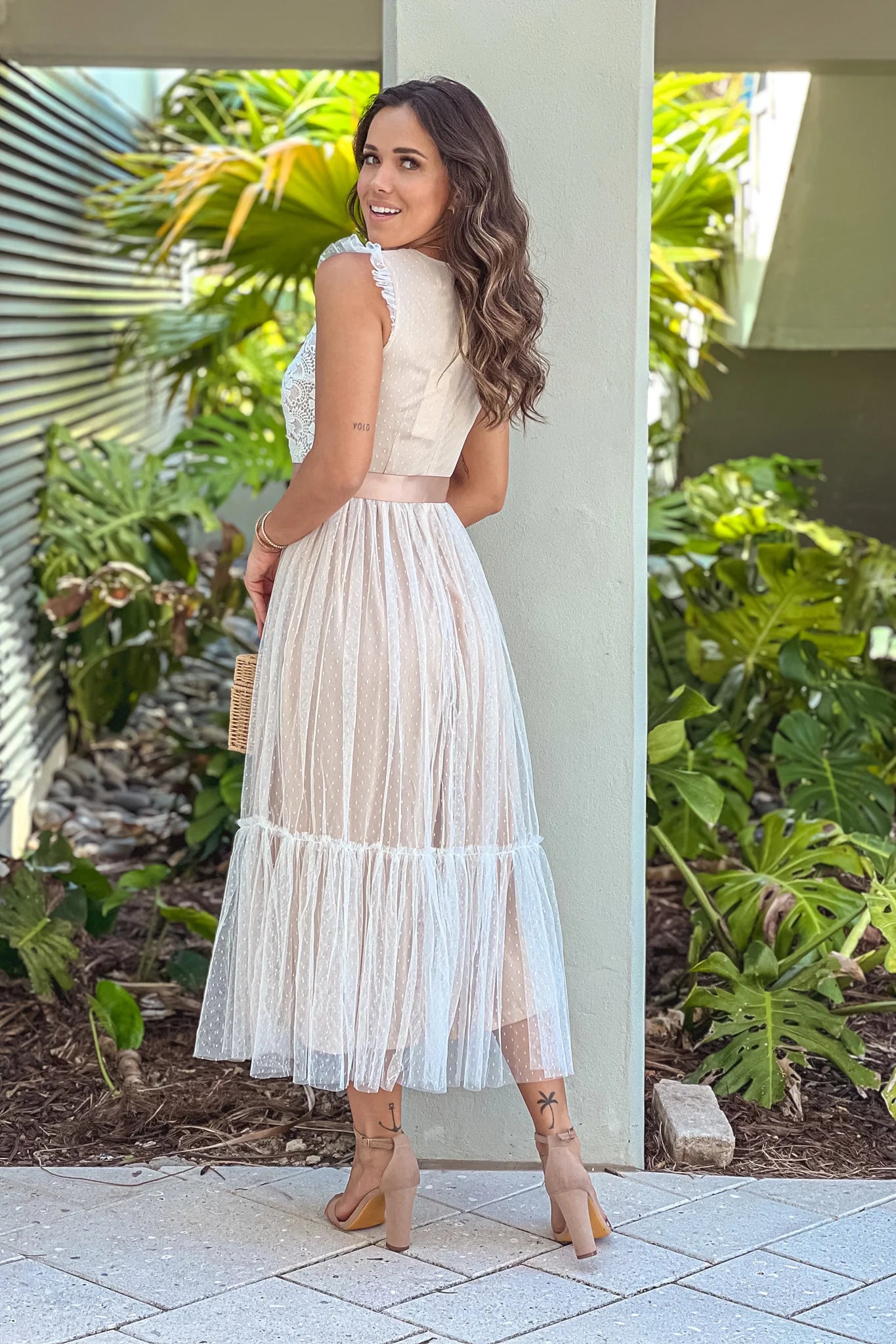 Off White Lace Dress With Satin Belt