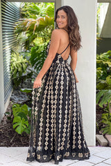 Black And Gold Embroidered Tulle Maxi Dress