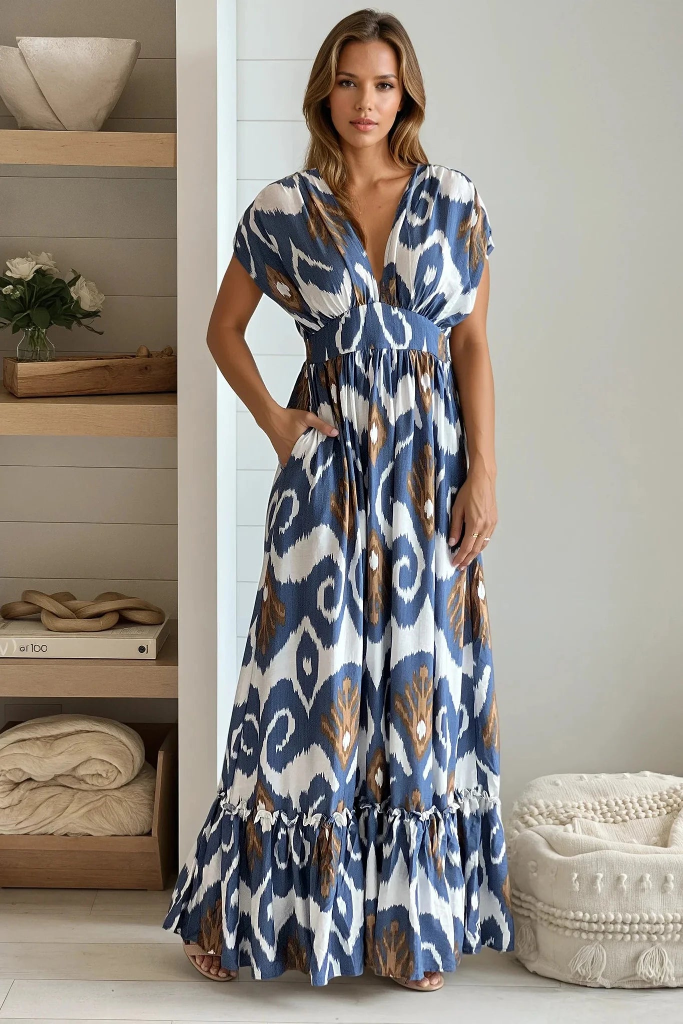 Blue Printed V Neck Maxi Dress