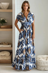 Blue Printed V Neck Maxi Dress