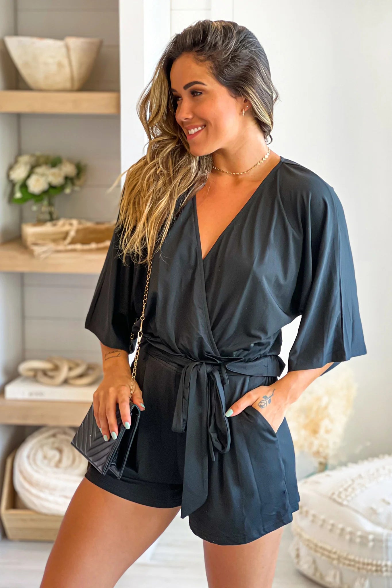 Black V Neck Romper With Sleeves