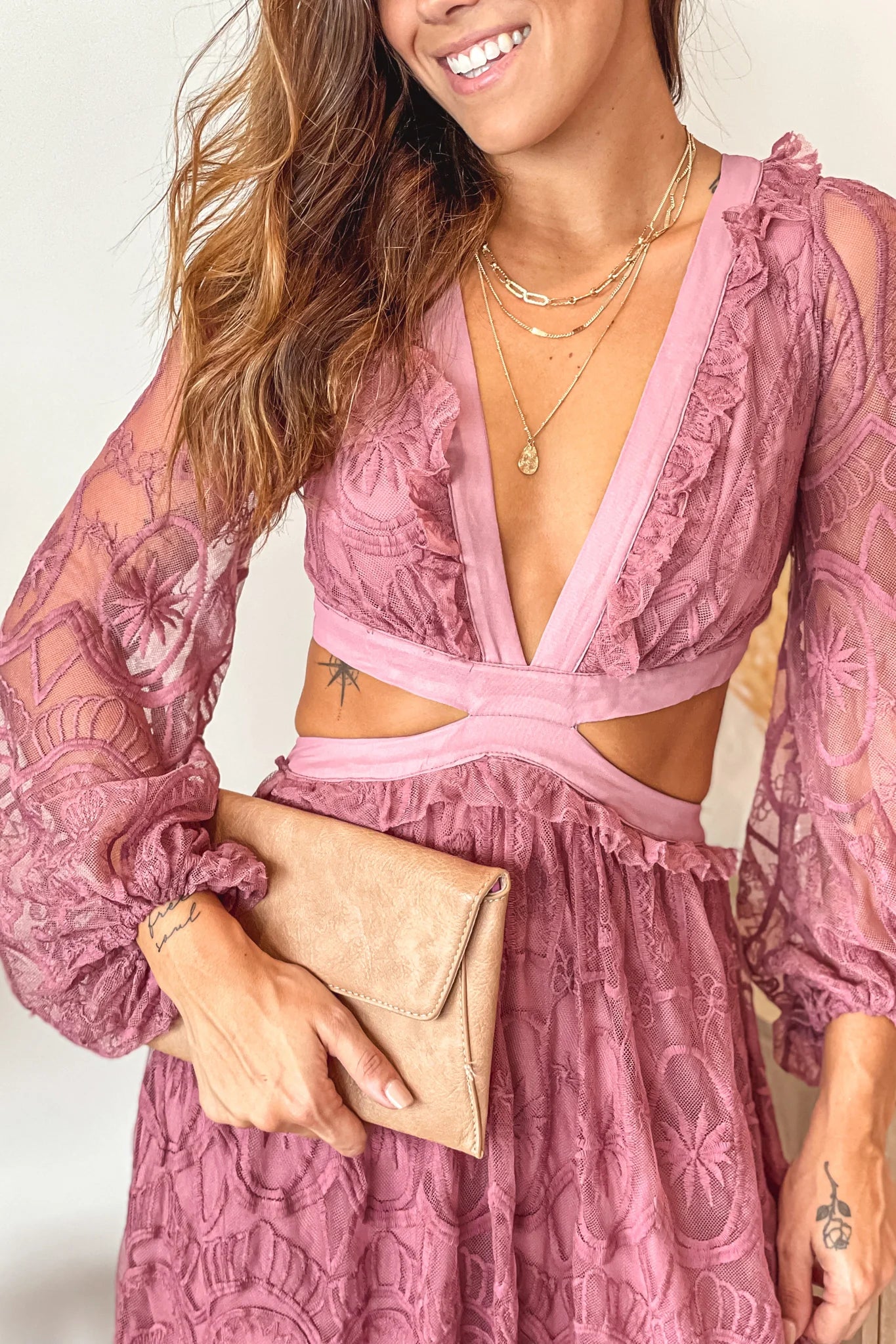 Dusty Mauve Lace Maxi Dress With Cut Out And Long Sleeves