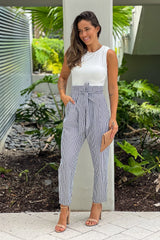 Black Striped Jumpsuit With Tie Belt
