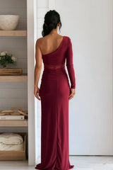 Burgundy One Shoulder Maxi Dress With Lace Detail