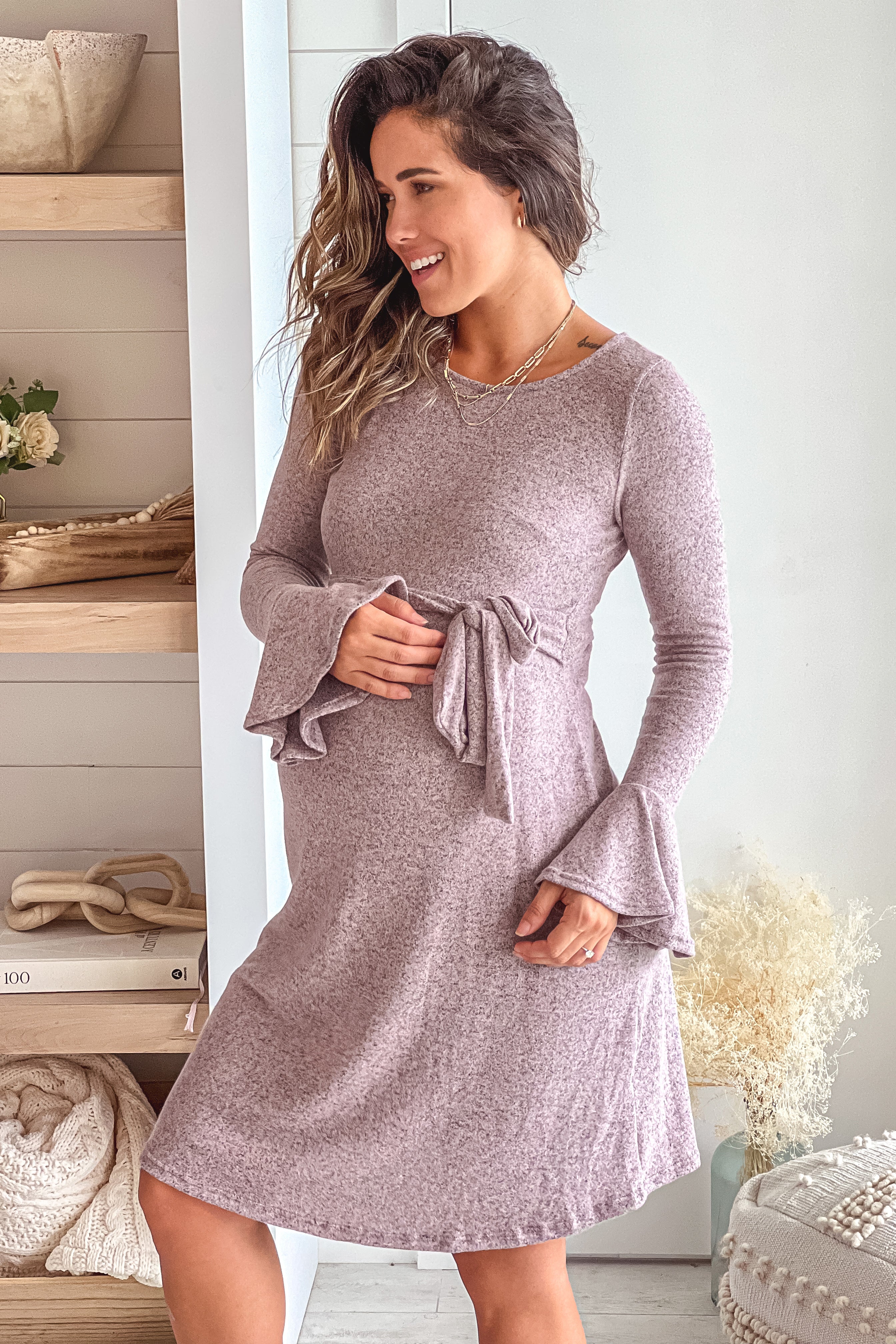 Dusty Pink Maternity Midi Dress With Bell Sleeves