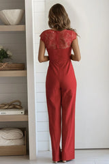 Red Lace Top Short Sleeve Jumpsuit
