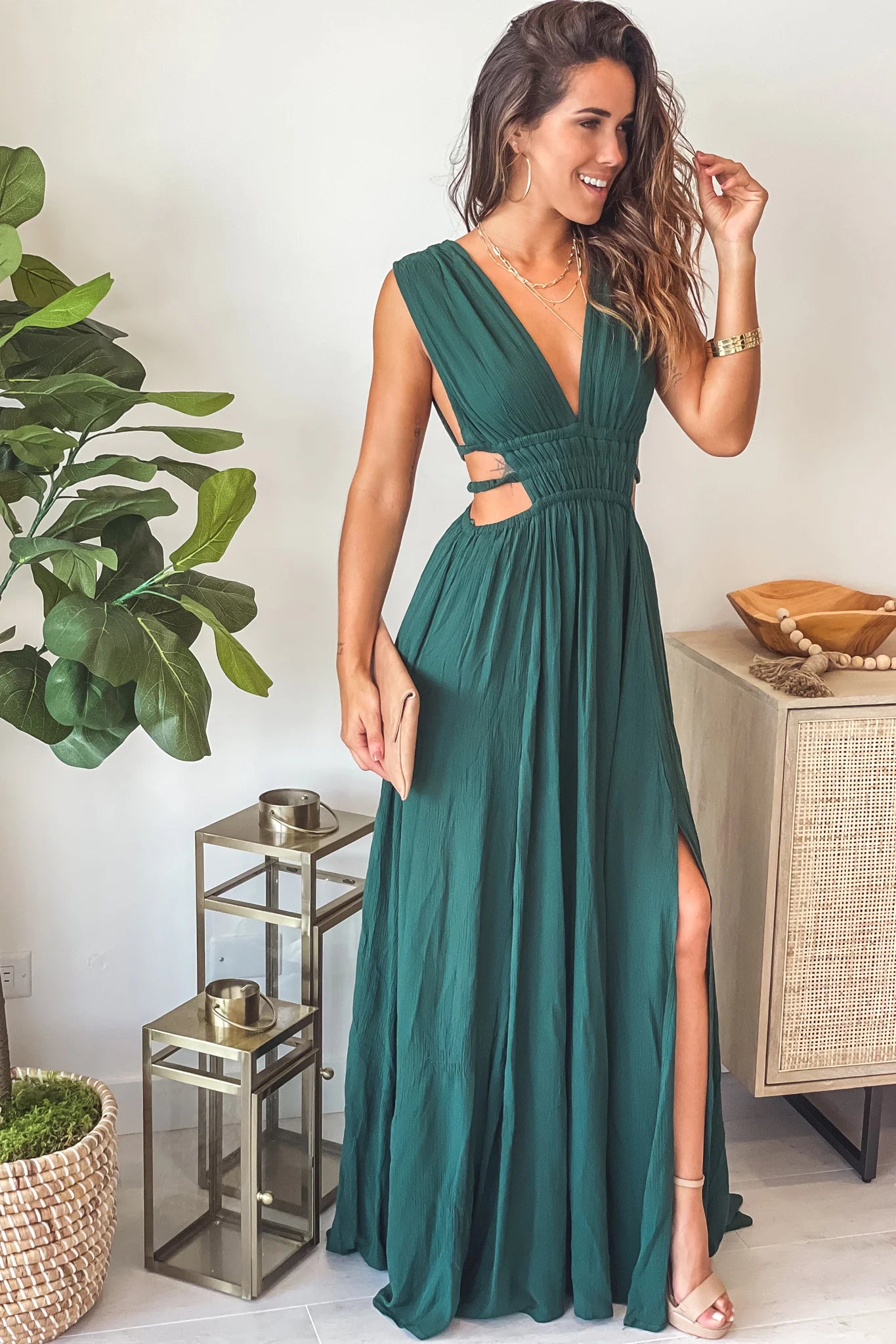 Hunter Green V Neck Maxi Dress With Cut Out And Slit