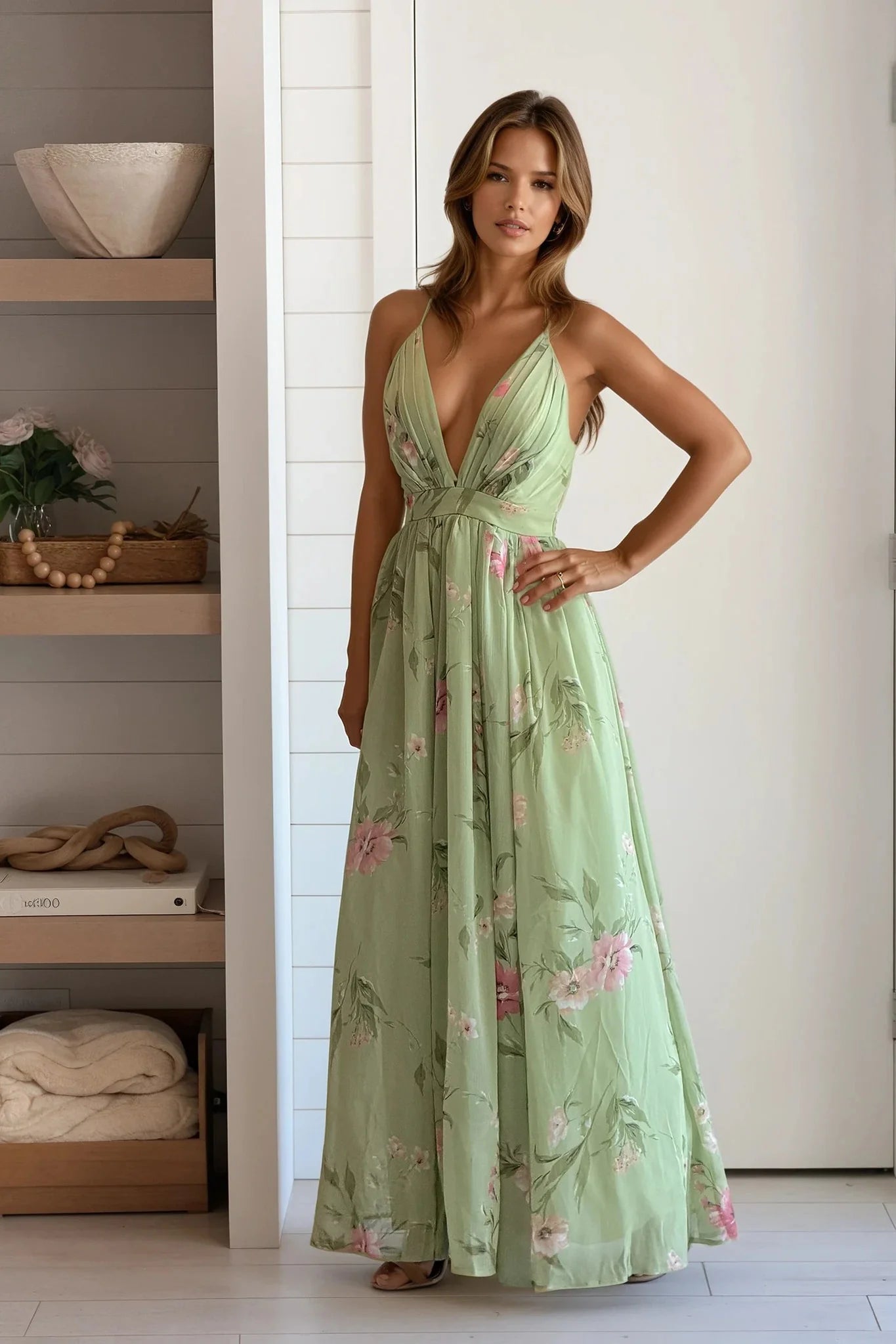Sage Floral Deep V Neck Sleeveless Maxi Dress