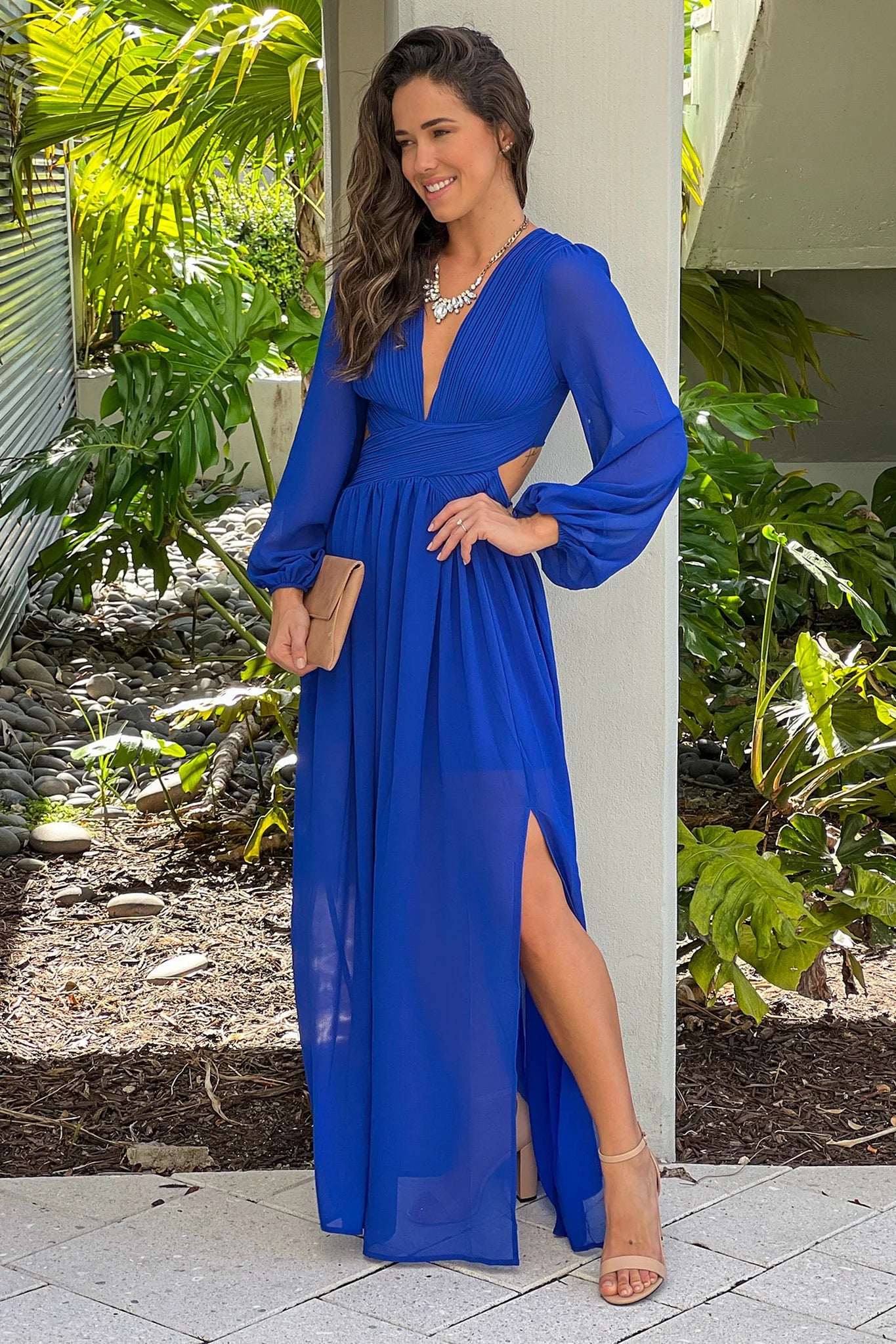 Royal Blue Pleated V Neck Maxi Dress
