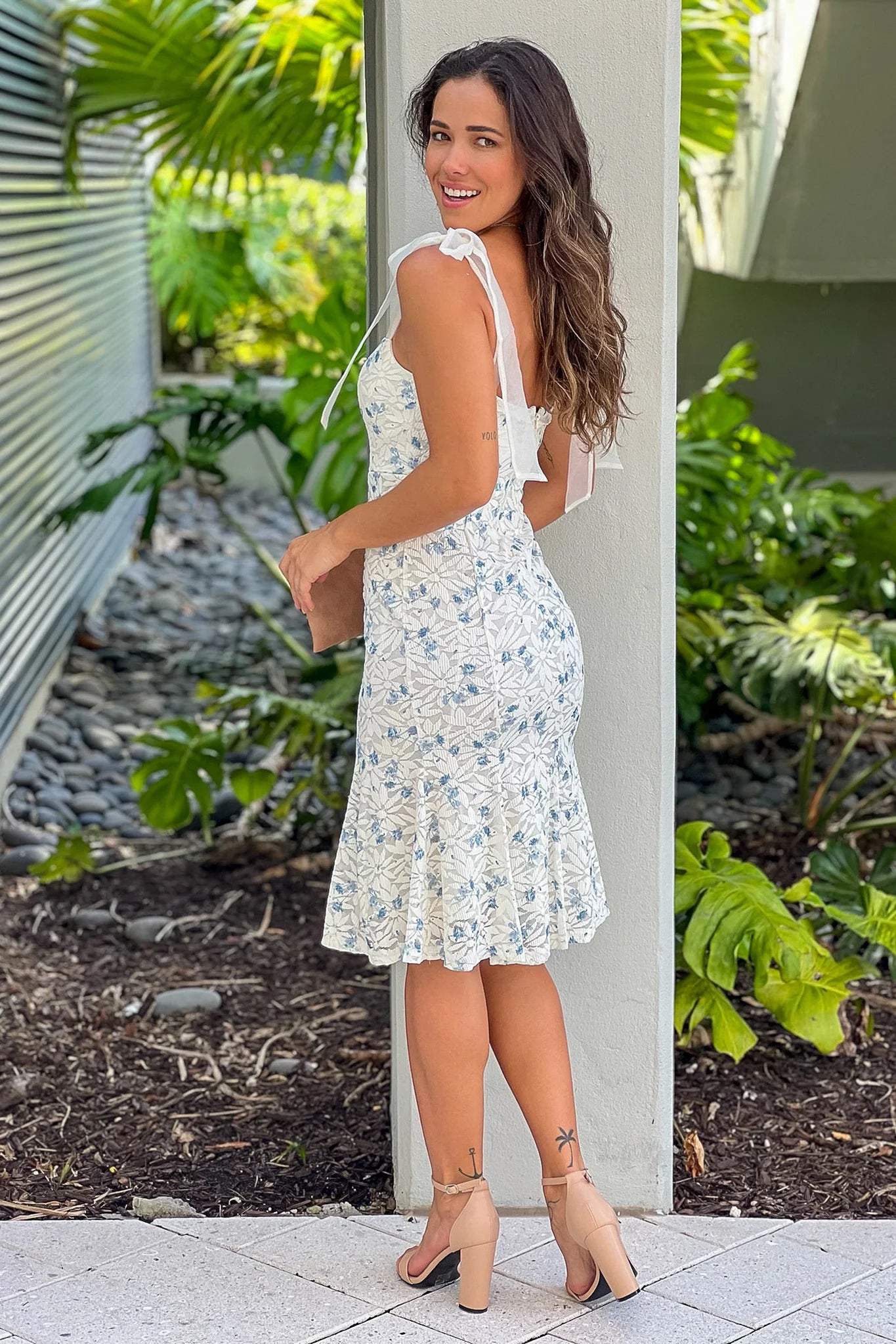 Ivory And Blue Floral Midi Dress