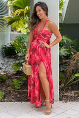 Coral Printed Midi Dress With Cut Out And Slit