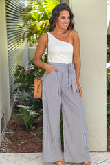 White And Black Striped One Shoulder Jumpsuit