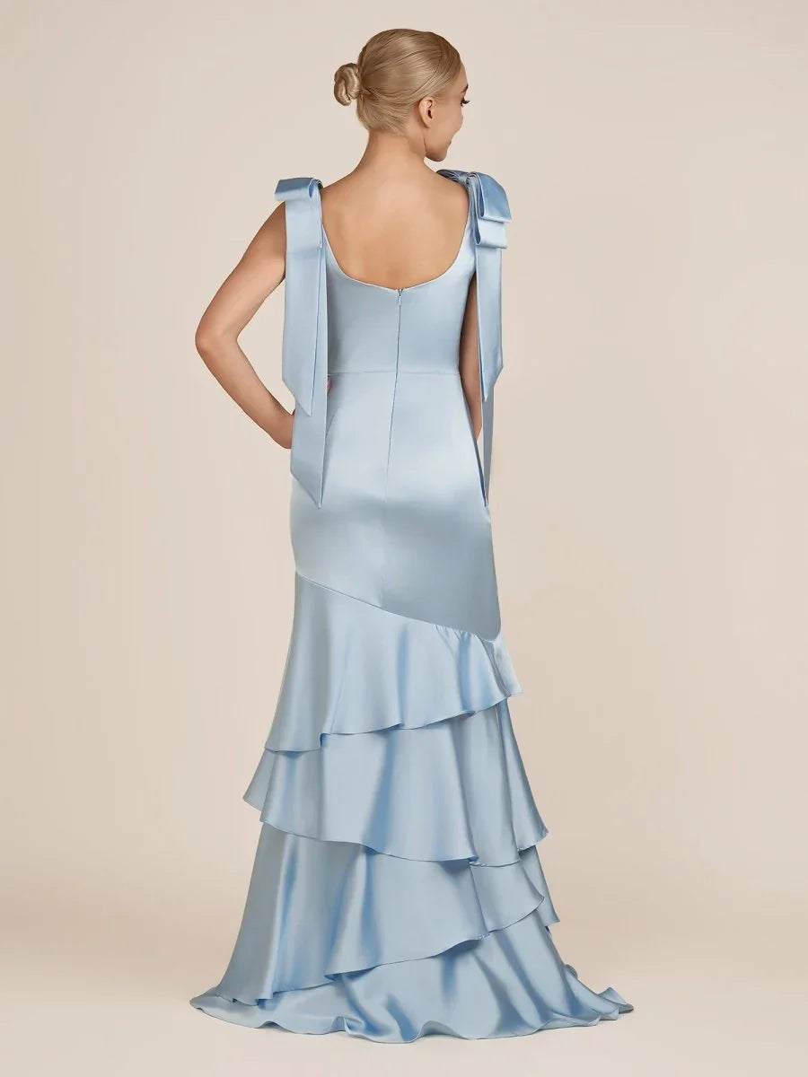 Light Blue Straps with Bows Mermaid Satin Tiered Long Bridesmaid Dress