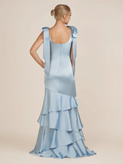 Light Blue Straps with Bows Mermaid Satin Tiered Long Bridesmaid Dress