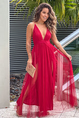 Burgundy Tulle V Neck Maxi Dress With Slits