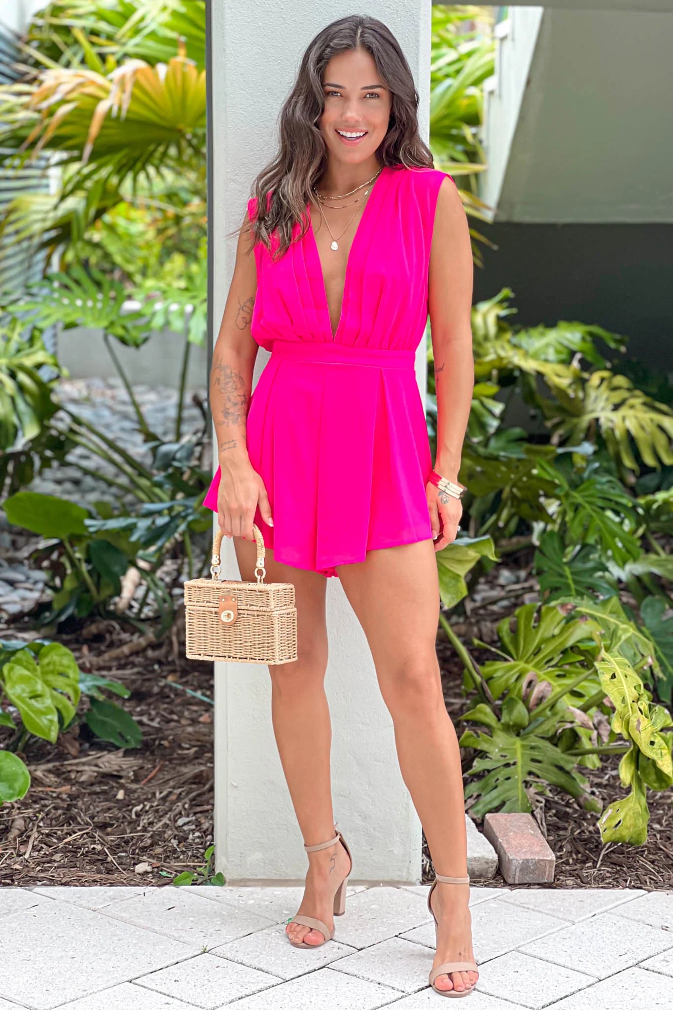 Fuchsia Pleated Romper