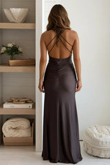 Brown Ruched Maxi Dress With Slit