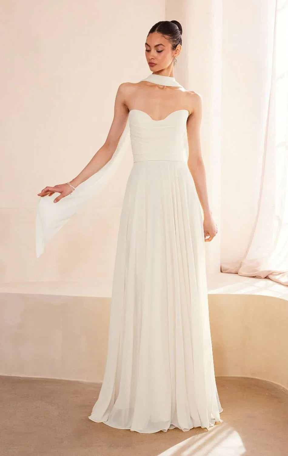 Ella Gown A line Strapless Chiffon Dress With Scarf Off White