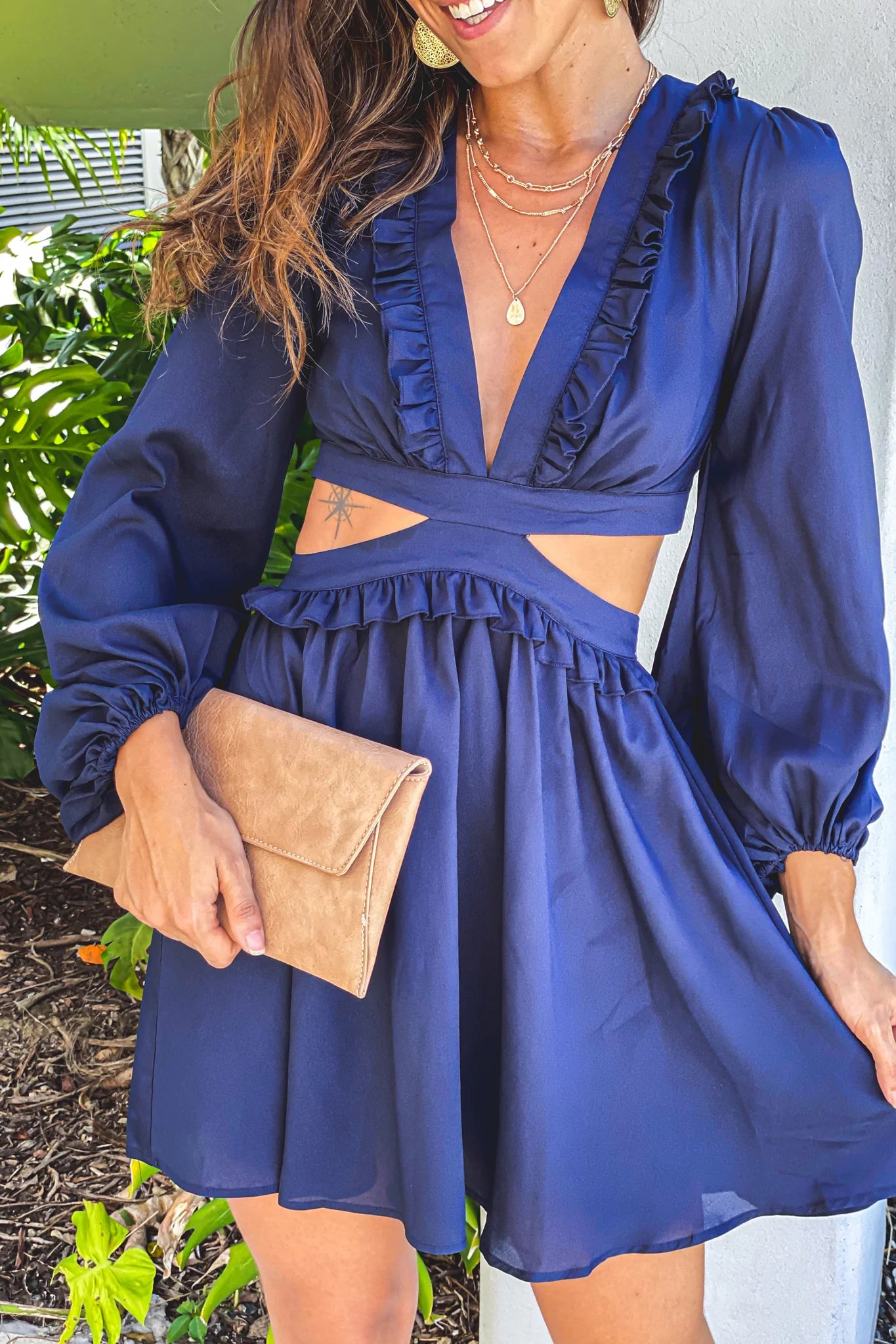 Navy Ruffled Short Dress with Lace Up Back