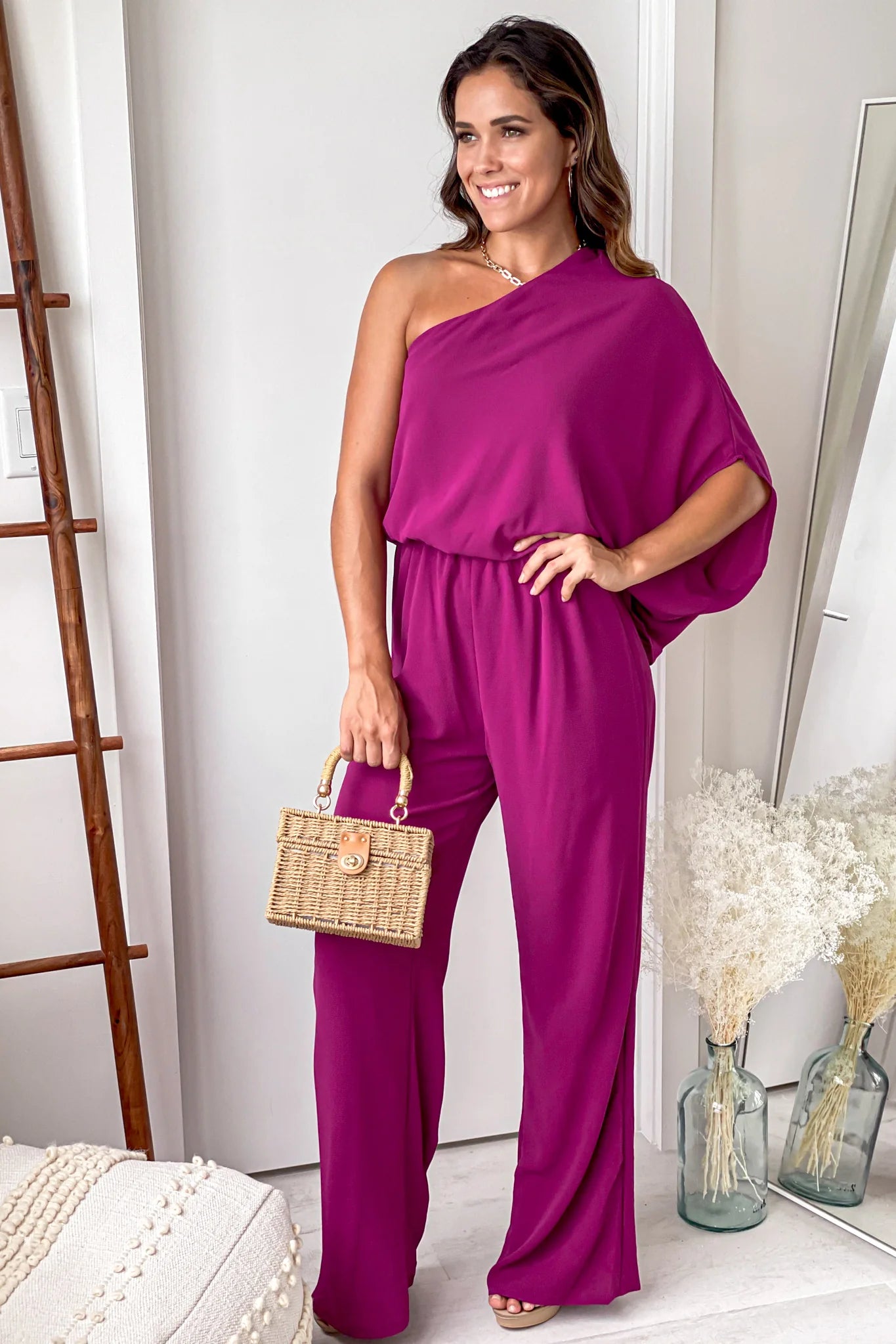 Magenta One Shoulder 3 4 Sleeve Jumpsuit