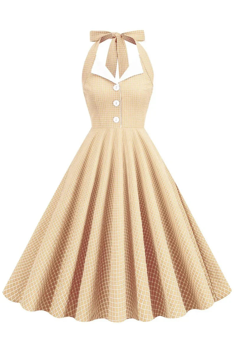 Retro Style Halter Neck Green 1950s Dress with Button