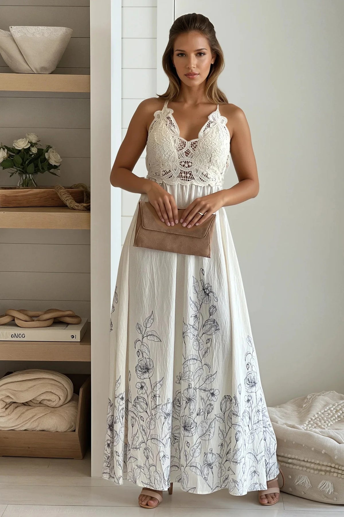Natural Crochet Top Maxi Dress With Printed Skirt