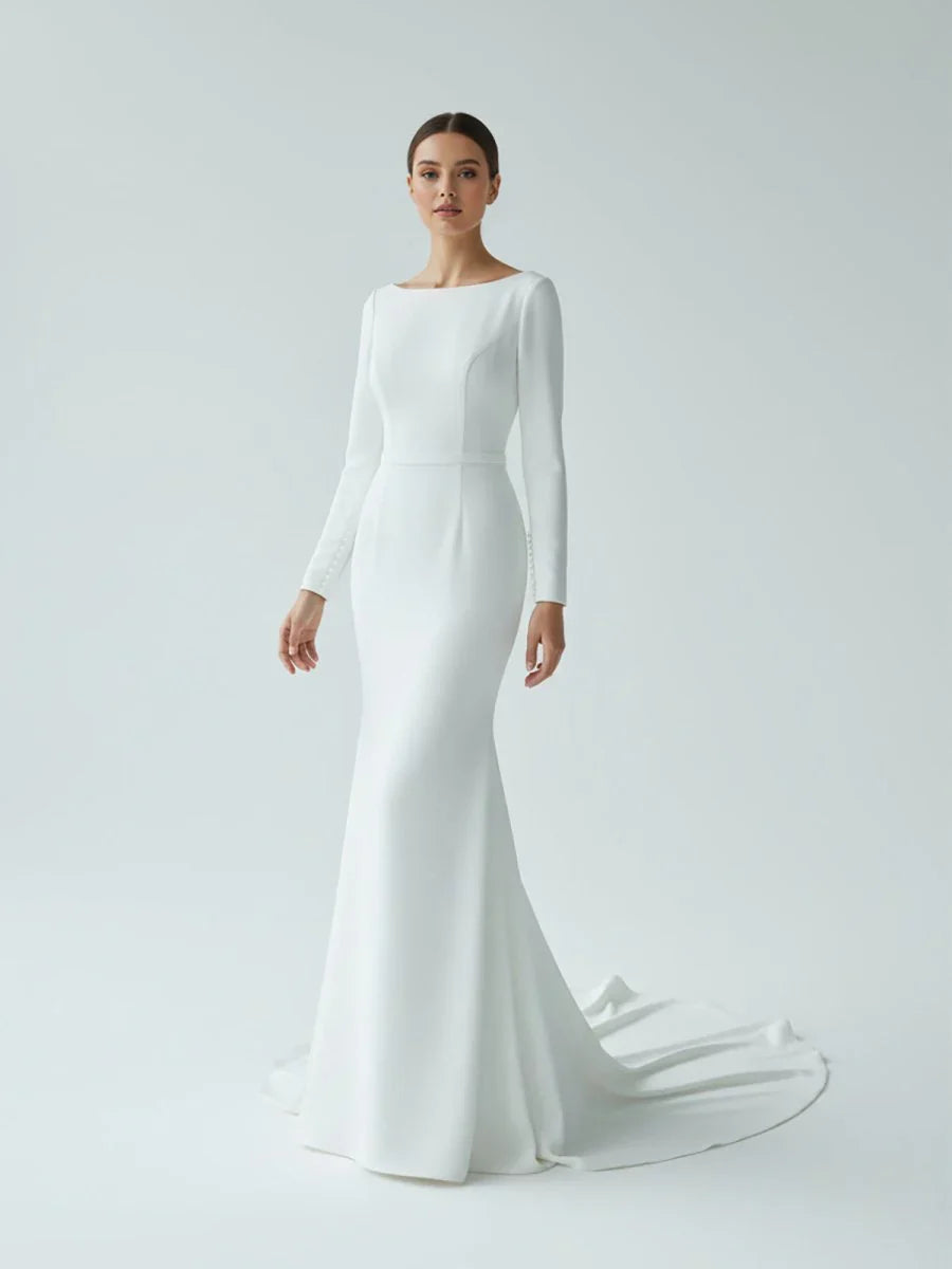 Mermaid Scoop Neck V Back Satin Wedding Dress