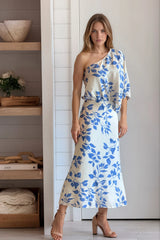 Blue Printed One Shoulder Midi Dress