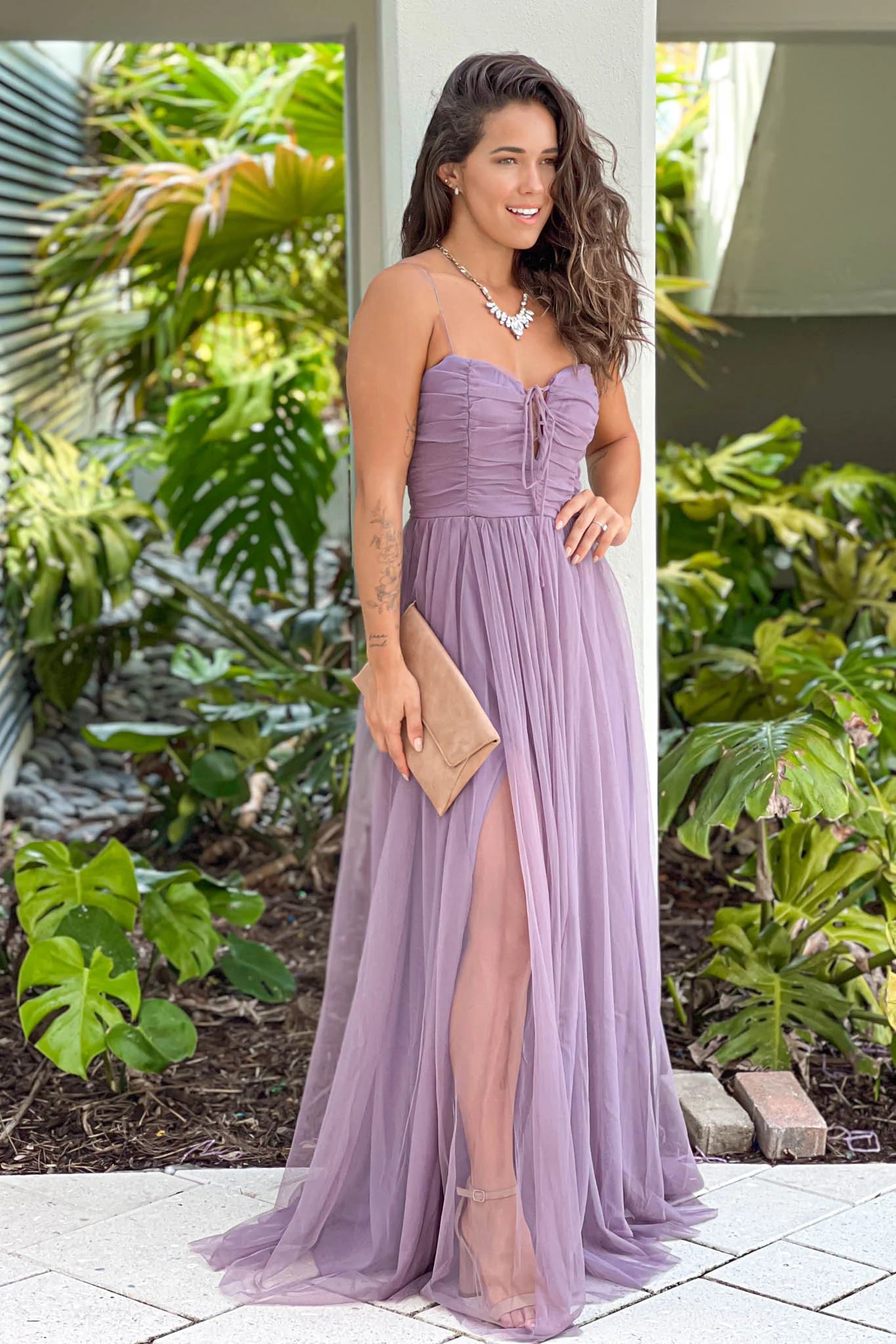 Dark Lavender Tulle Maxi Dress With Front Tie