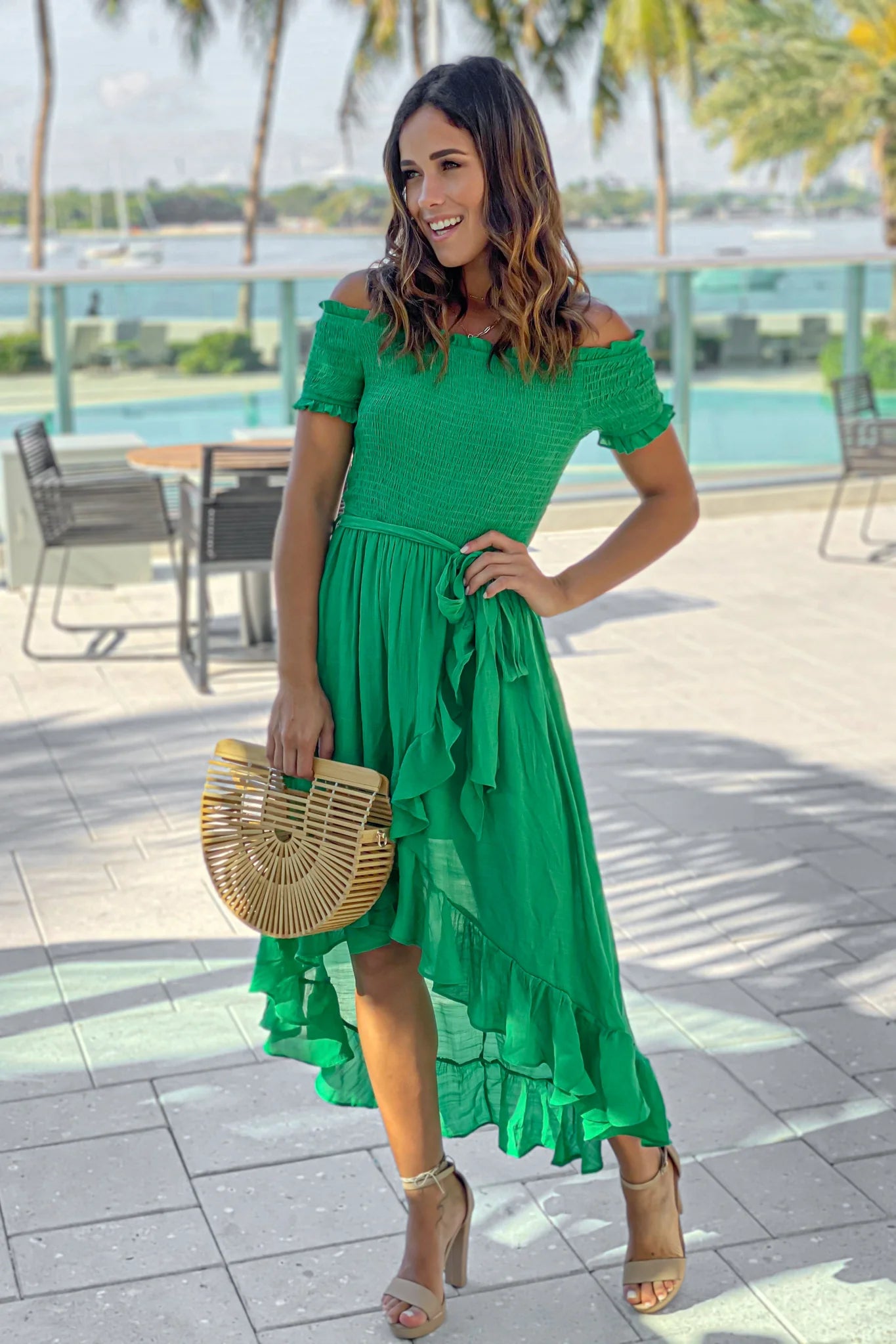Green Off Shoulder High Low Dress