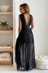 Black Swiss Dot V Neck Maxi Dress
