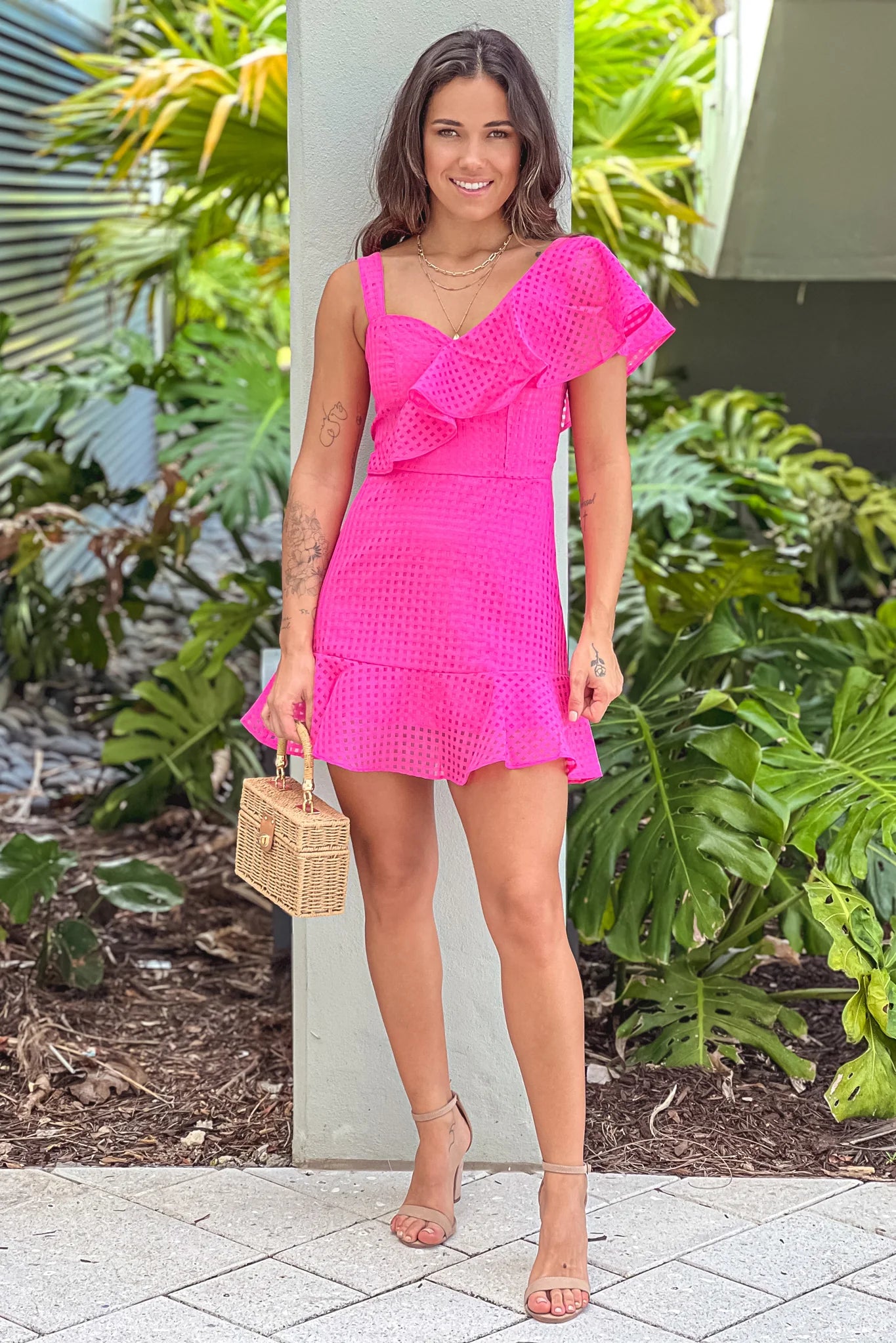 Hot Pink Ruffle Gingham Short Dress