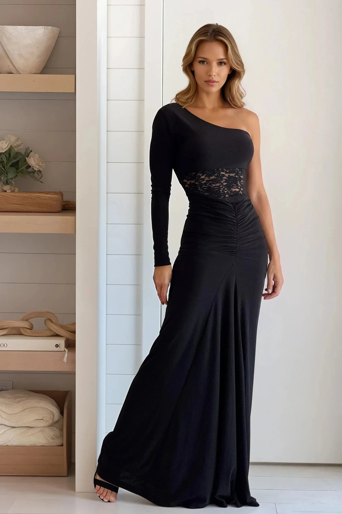 Black One Shoulder Maxi Dress With Lace Detail