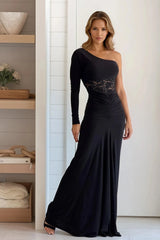 Black One Shoulder Maxi Dress With Lace Detail