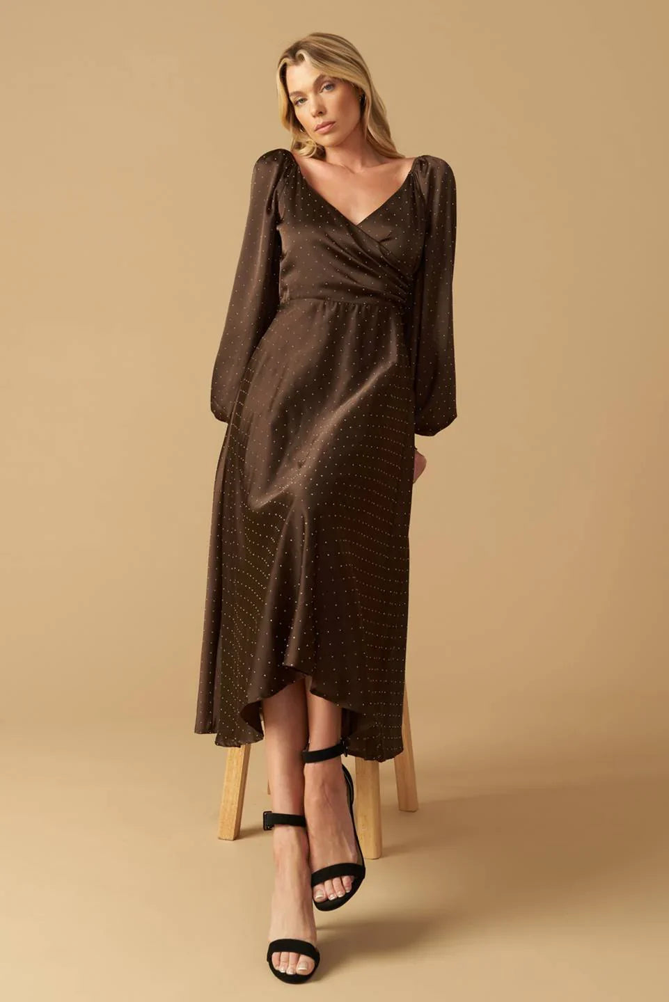 ROMANTIC LOVE BROWN LONG SLEEVE MIDI DRESS