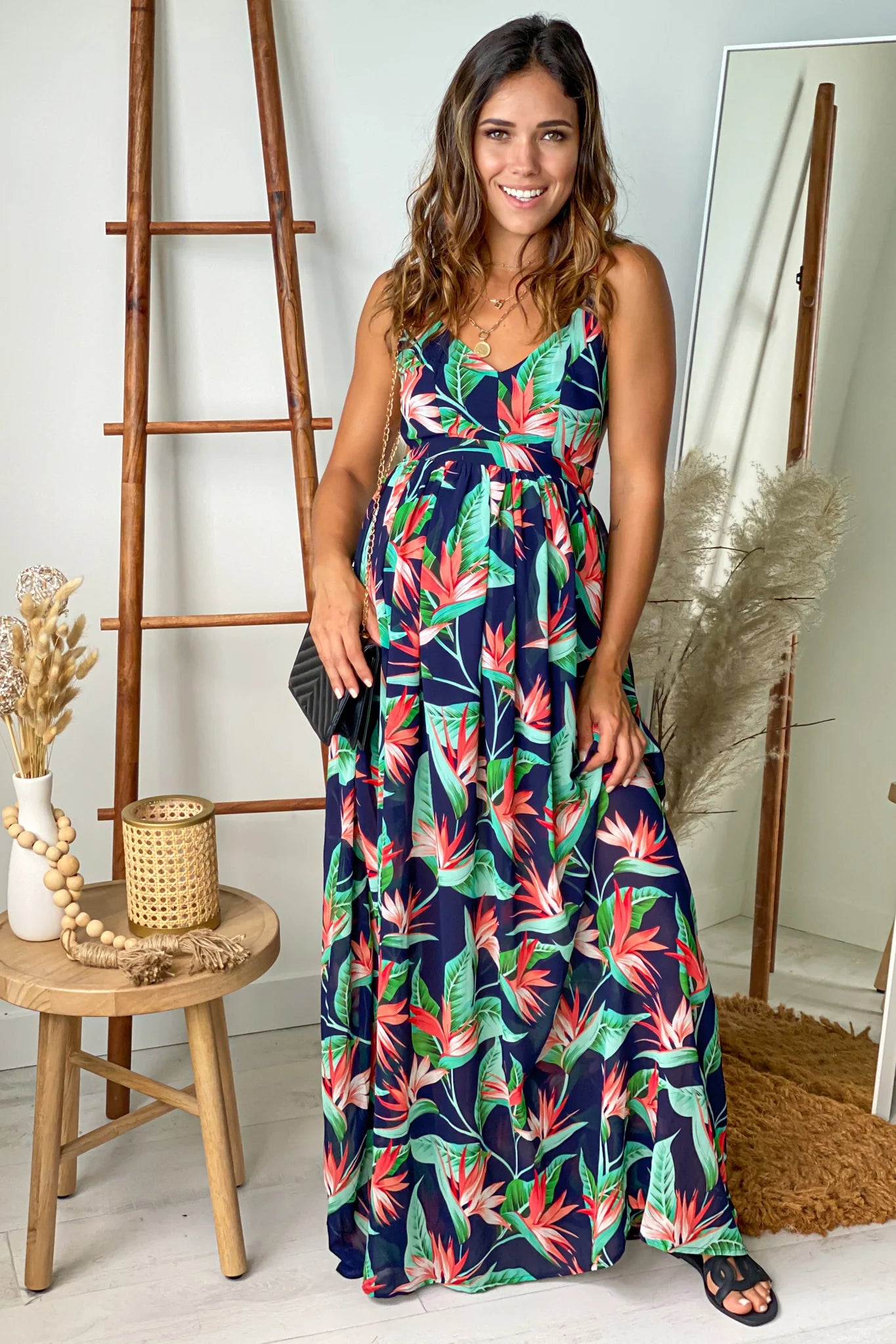 Navy Printed Open Back Maternity Maxi Dress