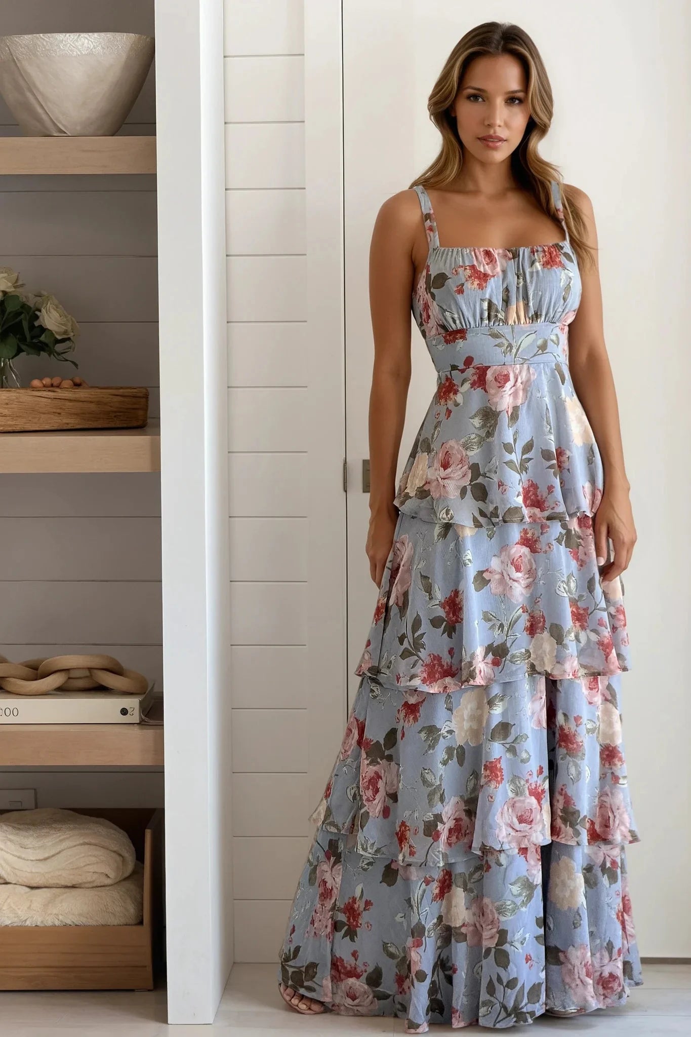 Blue Floral Multi Layered Maxi Dress