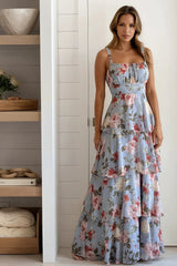 Blue Floral Multi Layered Maxi Dress