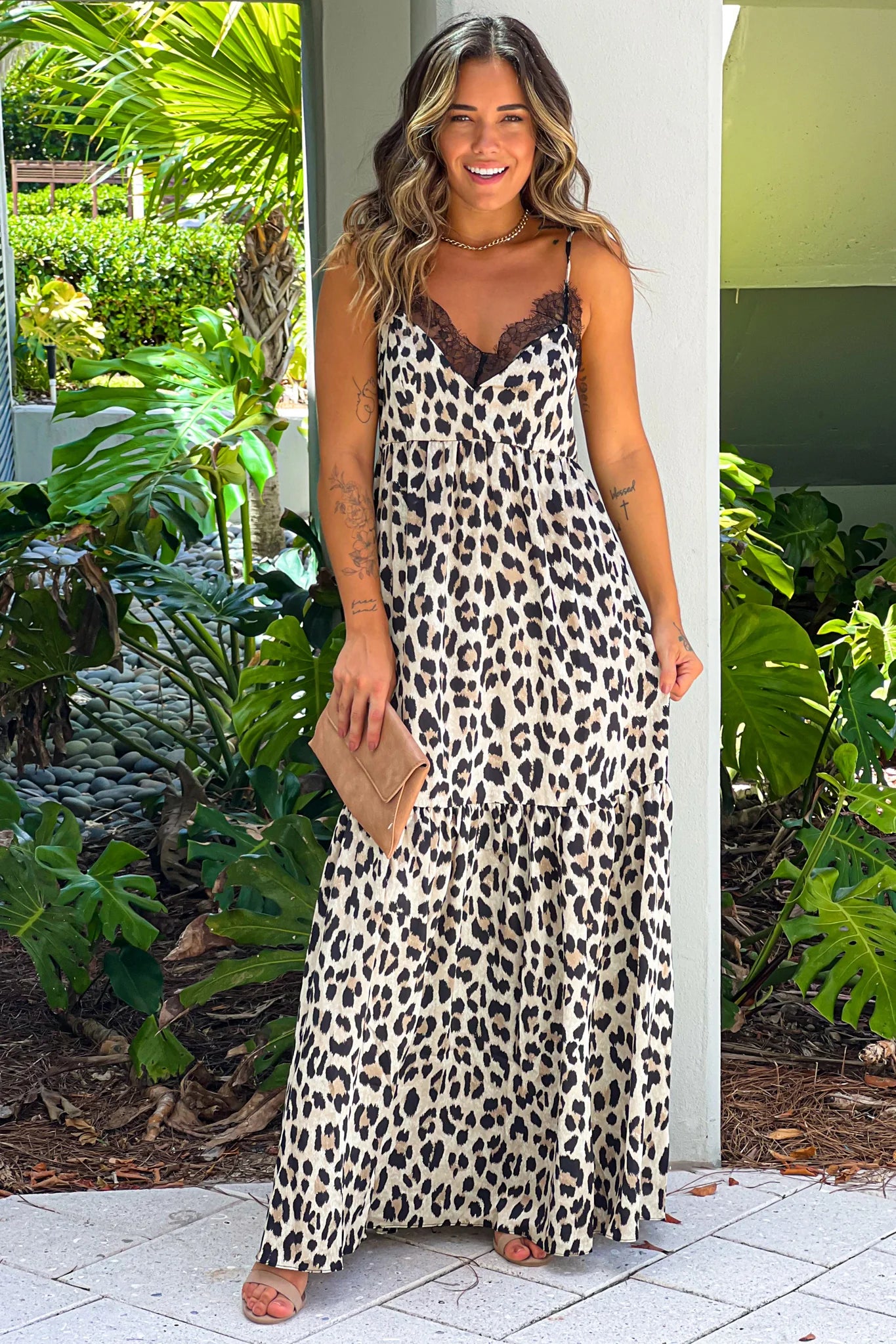 Taupe Leopard Print Satin Maxi Dress With Lace Detail