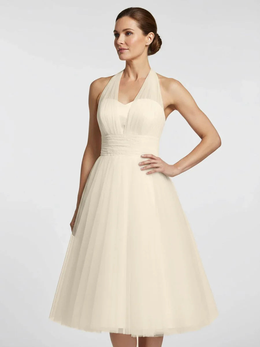 Halter A Line Tea Length Tulle Wedding Dress With Ruching