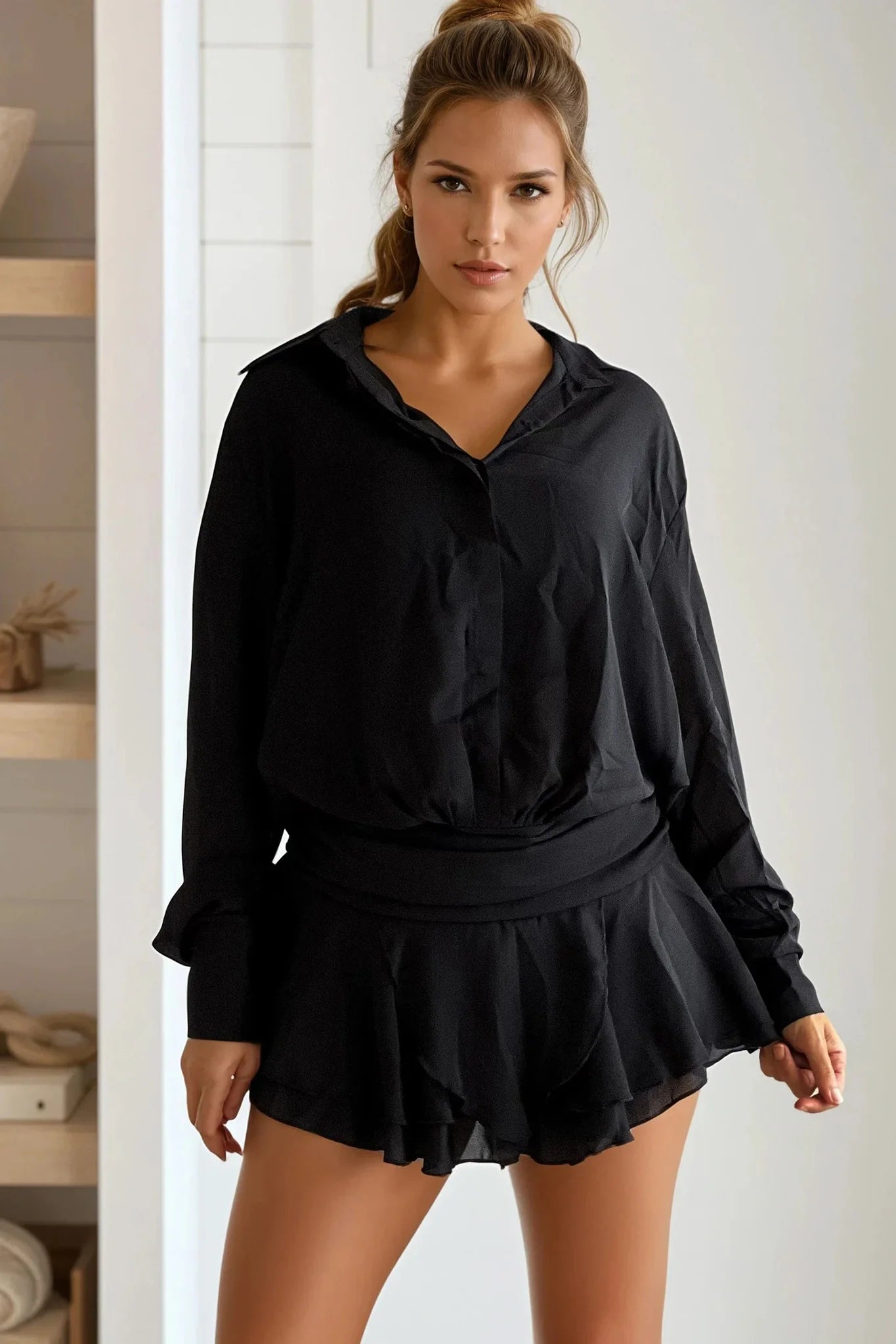 Black Chiffon Low Waist Shirt Dress