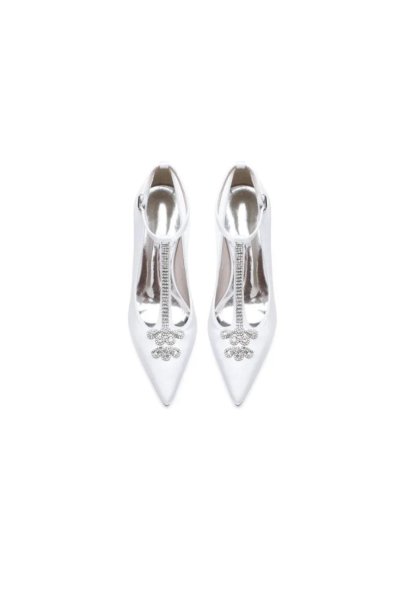 White Leather Pump with Silver Chain and Crystal Accent