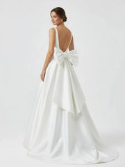Ivory A Line Deep V Neck Long Wedding Dress with Bowknot