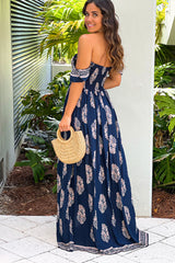 Navy Printed Off Shoulder Maxi Dress With Slit