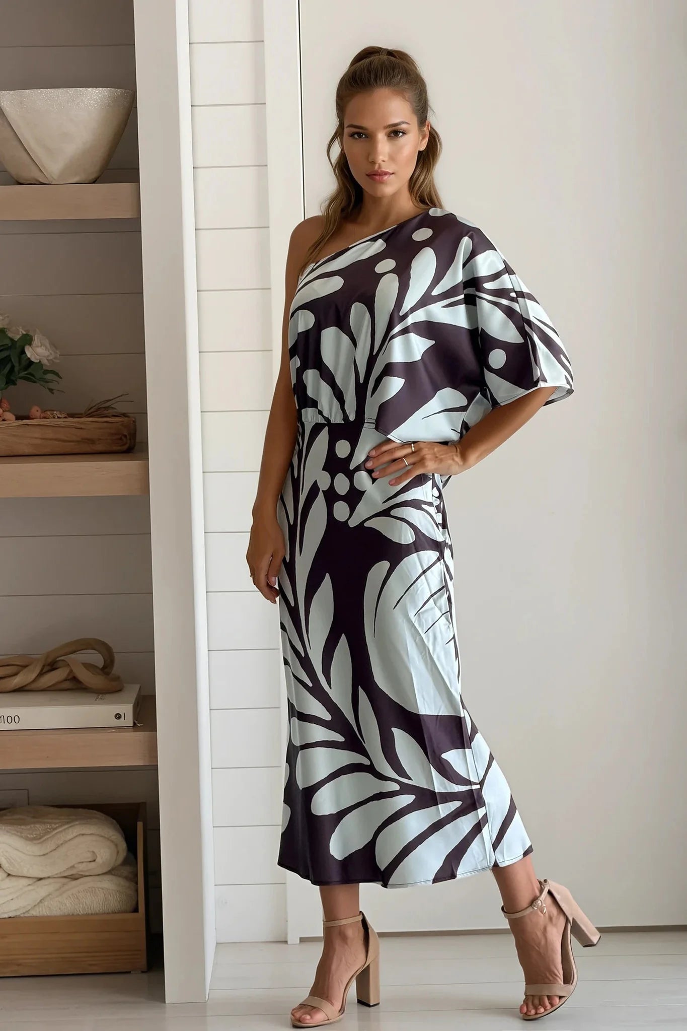 Brown And Blue Printed One Shoulder Satin Dress