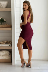 Dark Cherry Halter Neck Mesh Midi Dress With Open Back