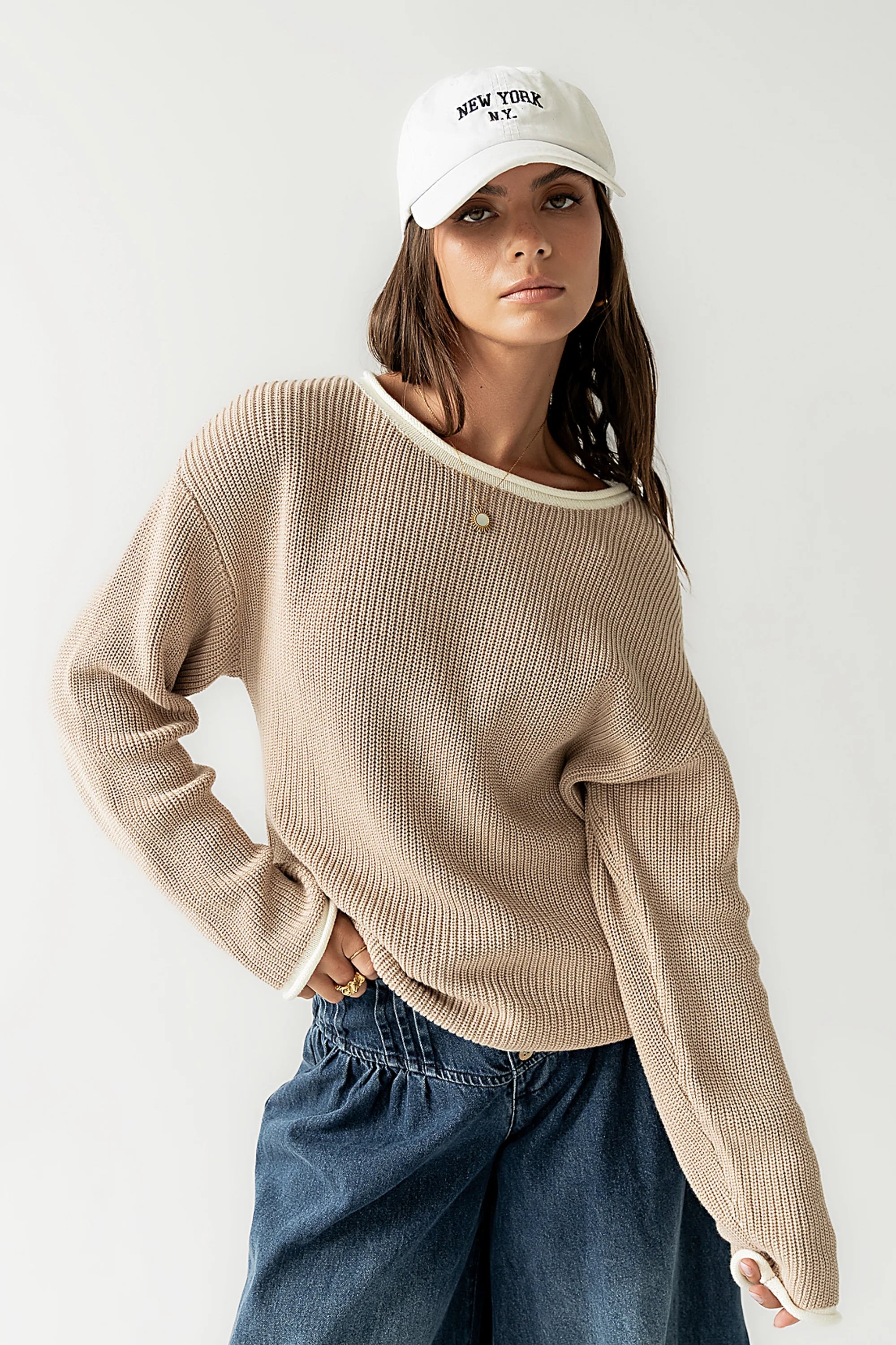 Mandy Contrast Sweater in Tan FINAL SALE