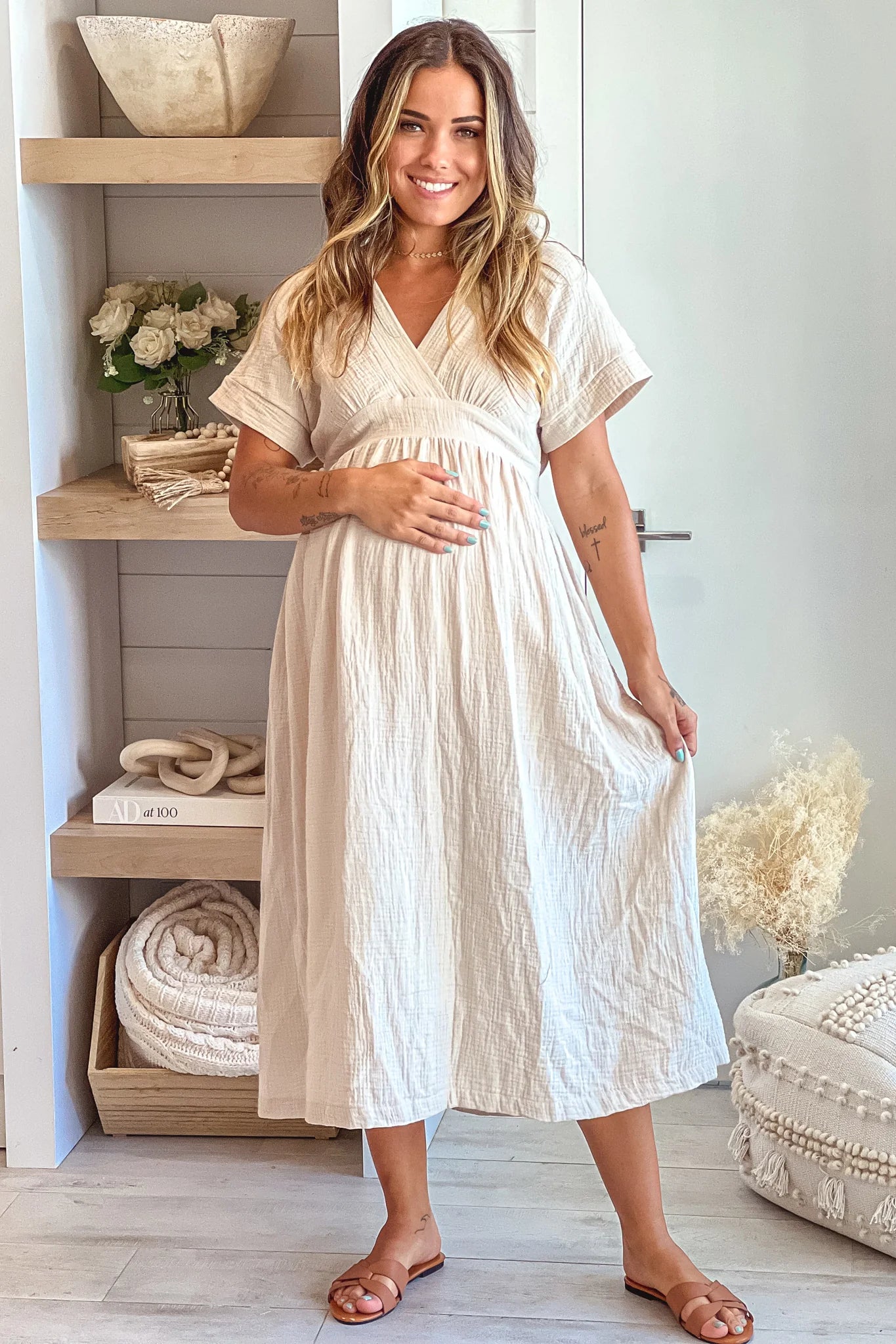 Taupe Maternity Midi Dress with Tie Back