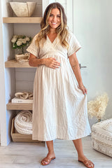 Taupe Maternity Midi Dress with Tie Back