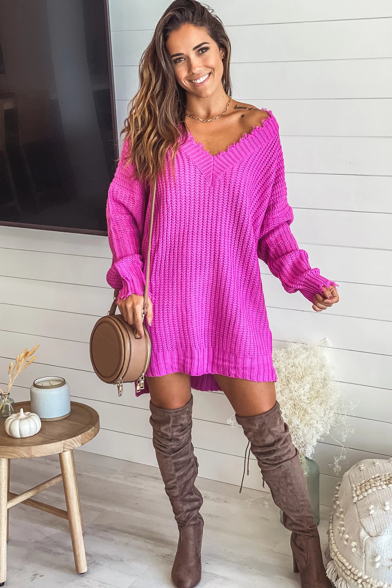 Raspberry Rose Frayed V Neck Sweater Dress